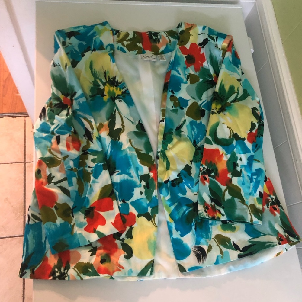 Kim Rogers Floral Open Front Blazer Jacket Lined Watercolor Blue Red Teal XL